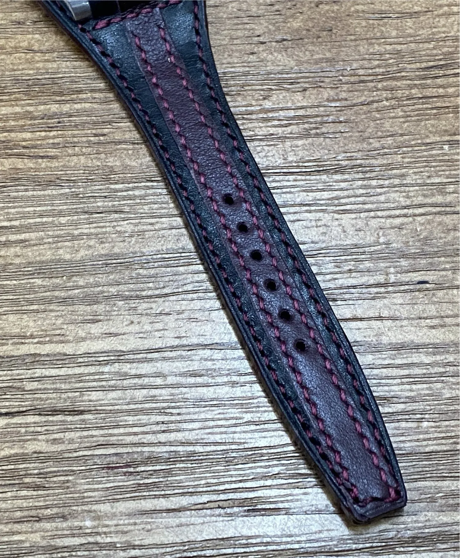 Striped Genuine Leather Watch Strap in Black and Maroon Red, Leather Bund Straps compatible with Rolex, Tudor Watches, 20mm Lug Width, Birthday Gift Ideas