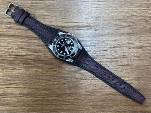 Striped Genuine Leather Watch Strap in Black and Maroon Red, Leather Bund Straps compatible with Rolex, Tudor Watches, 20mm Lug Width, Birthday Gift Ideas