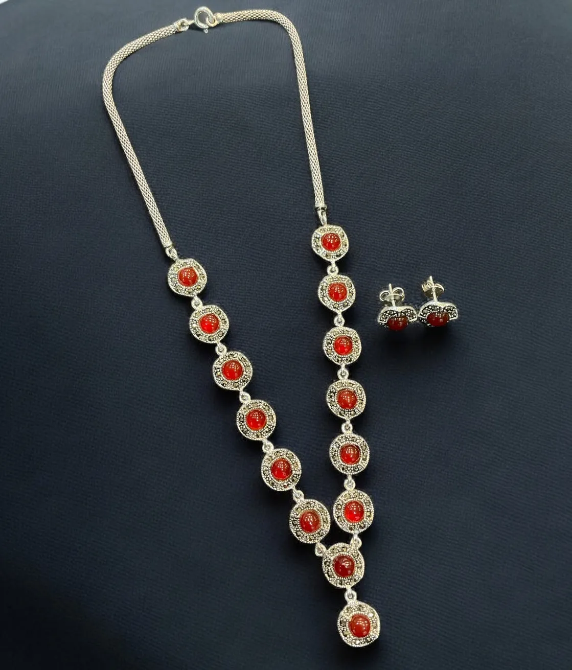 The Dramatic Red Silver Marcasite Necklace & Earring