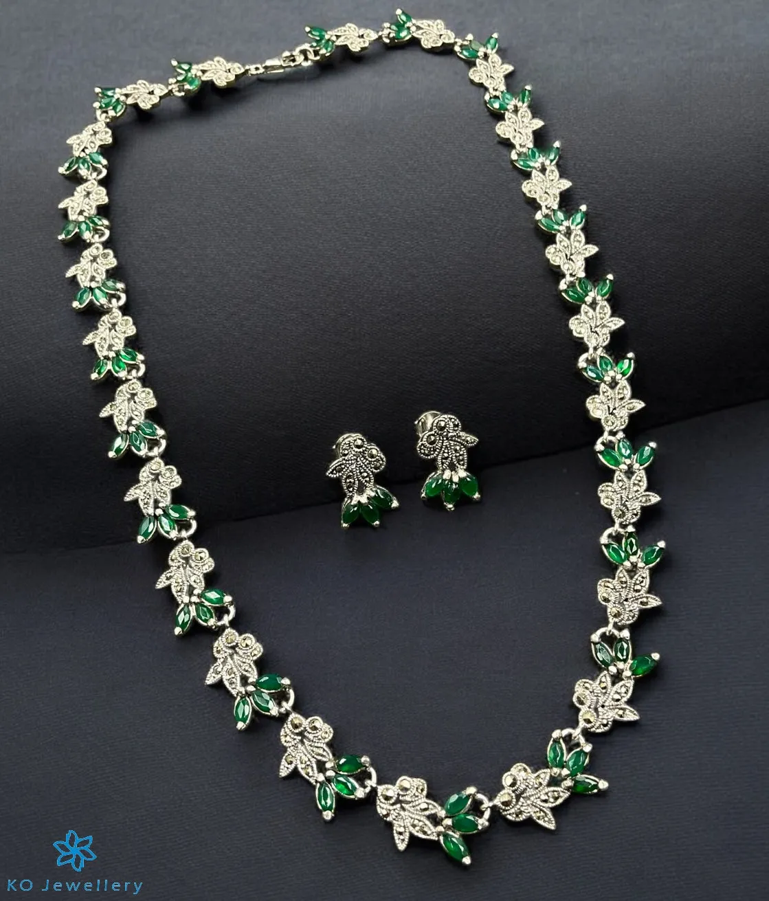 The Gemstone Grace Silver Marcasite Necklace & Earrings (Green)
