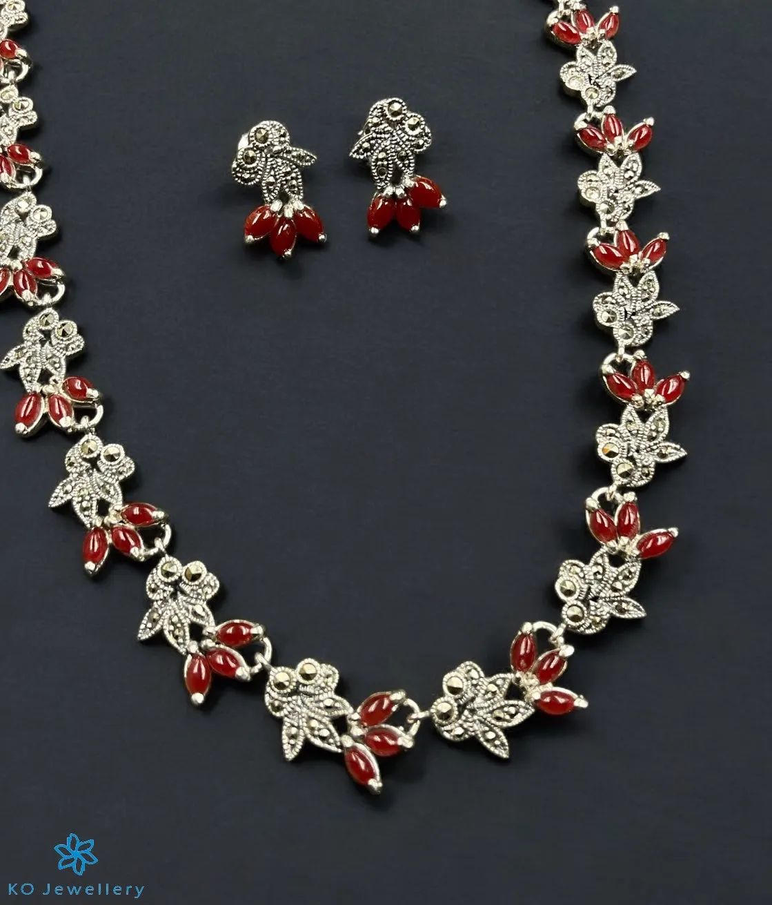 The Gemstone Grace Silver Marcasite Necklace & Earrings (Red)
