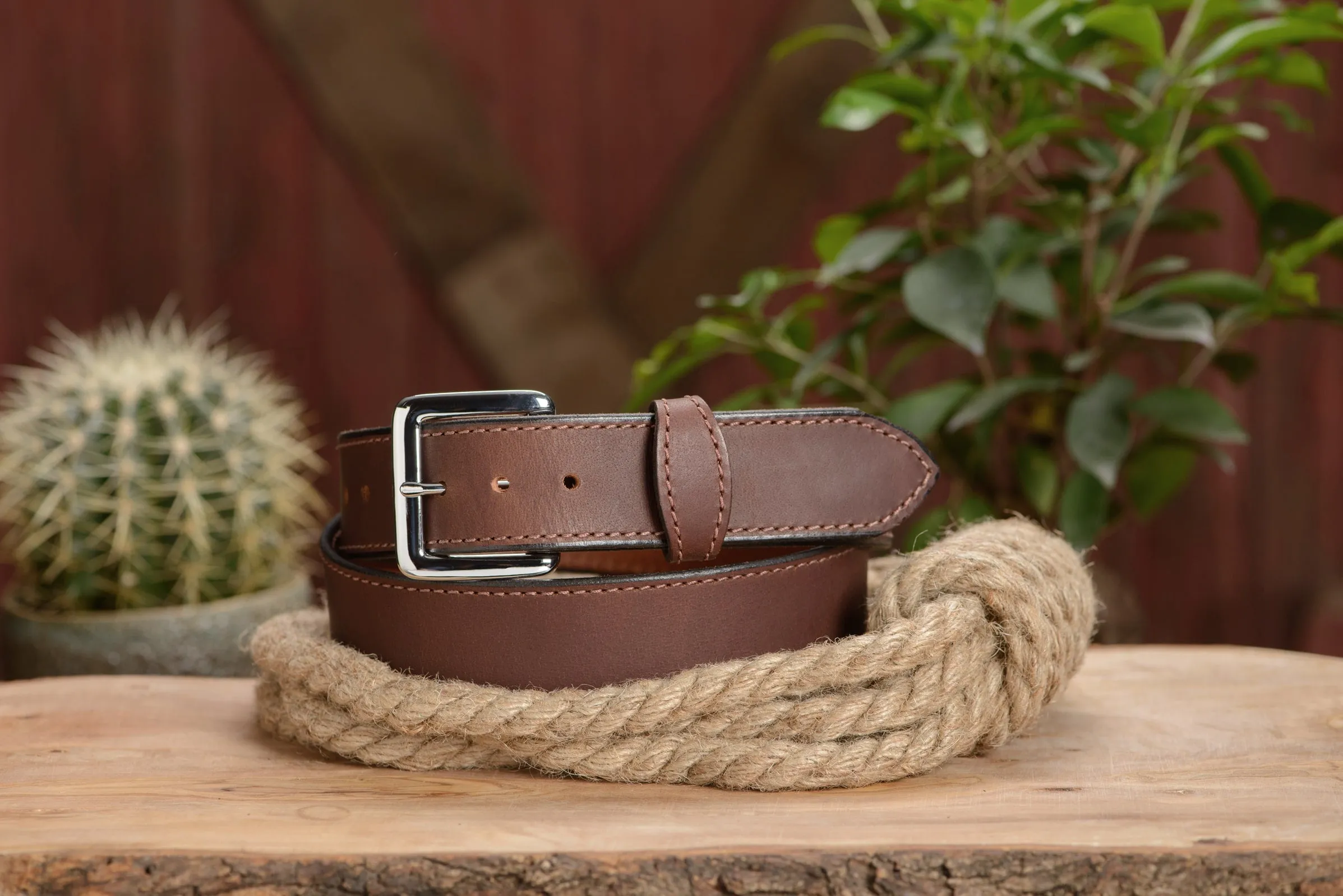 The Lakota: Brown Stitched Water Buffalo Leather Belt With Snaps 1.50"