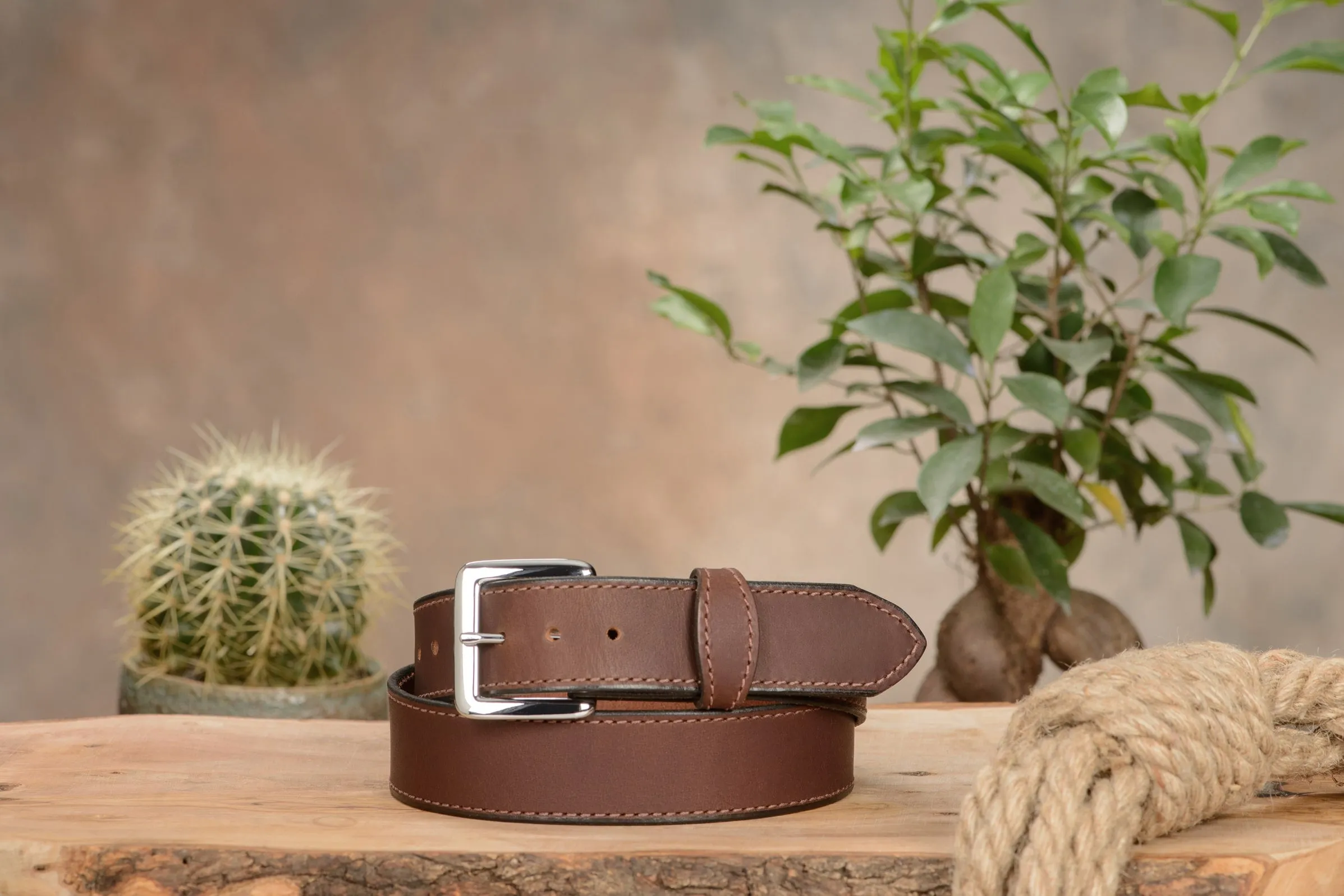 The Lakota: Brown Stitched Water Buffalo Leather Belt With Snaps 1.50"