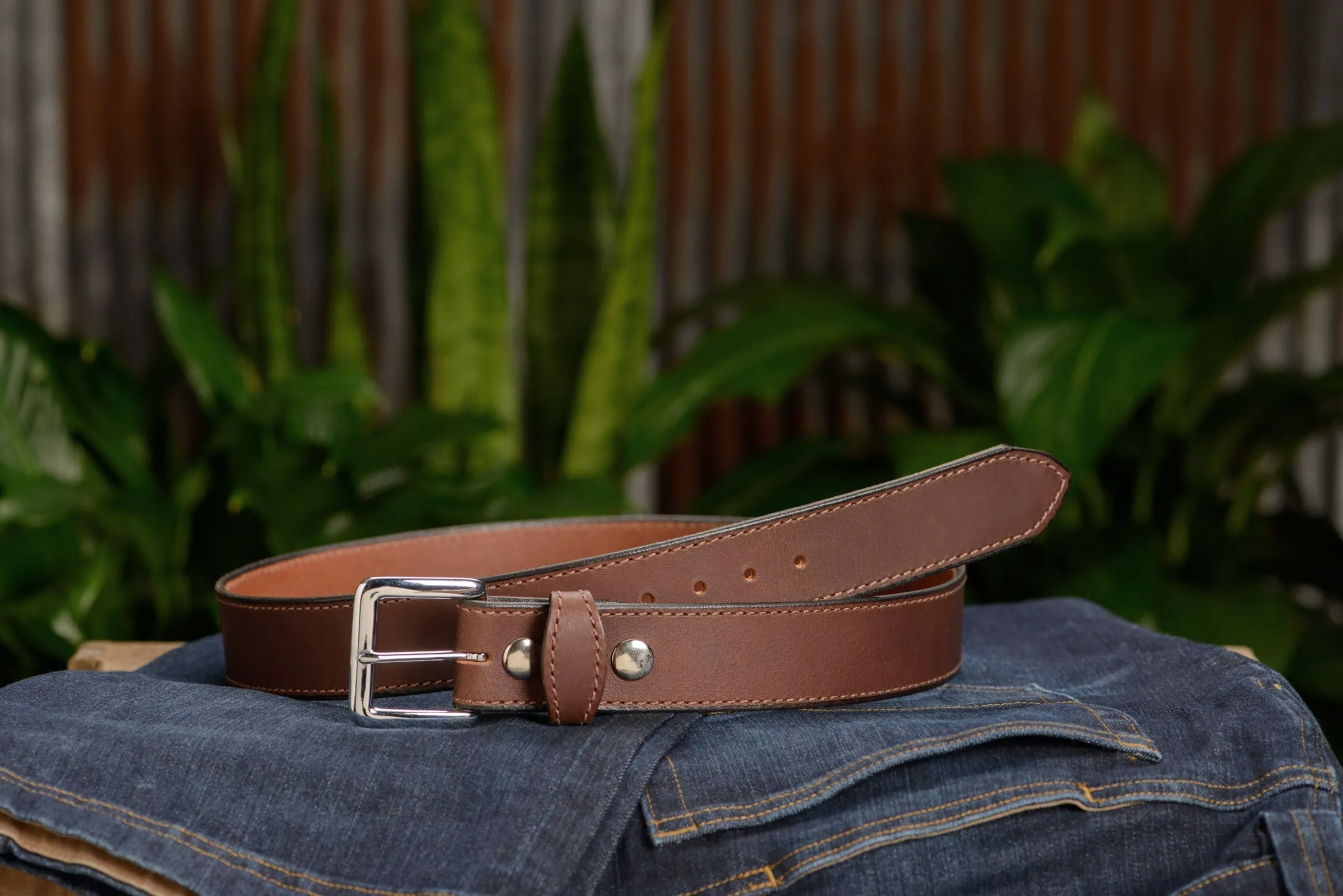 The Lakota: Brown Stitched Water Buffalo Leather Belt With Snaps 1.50"