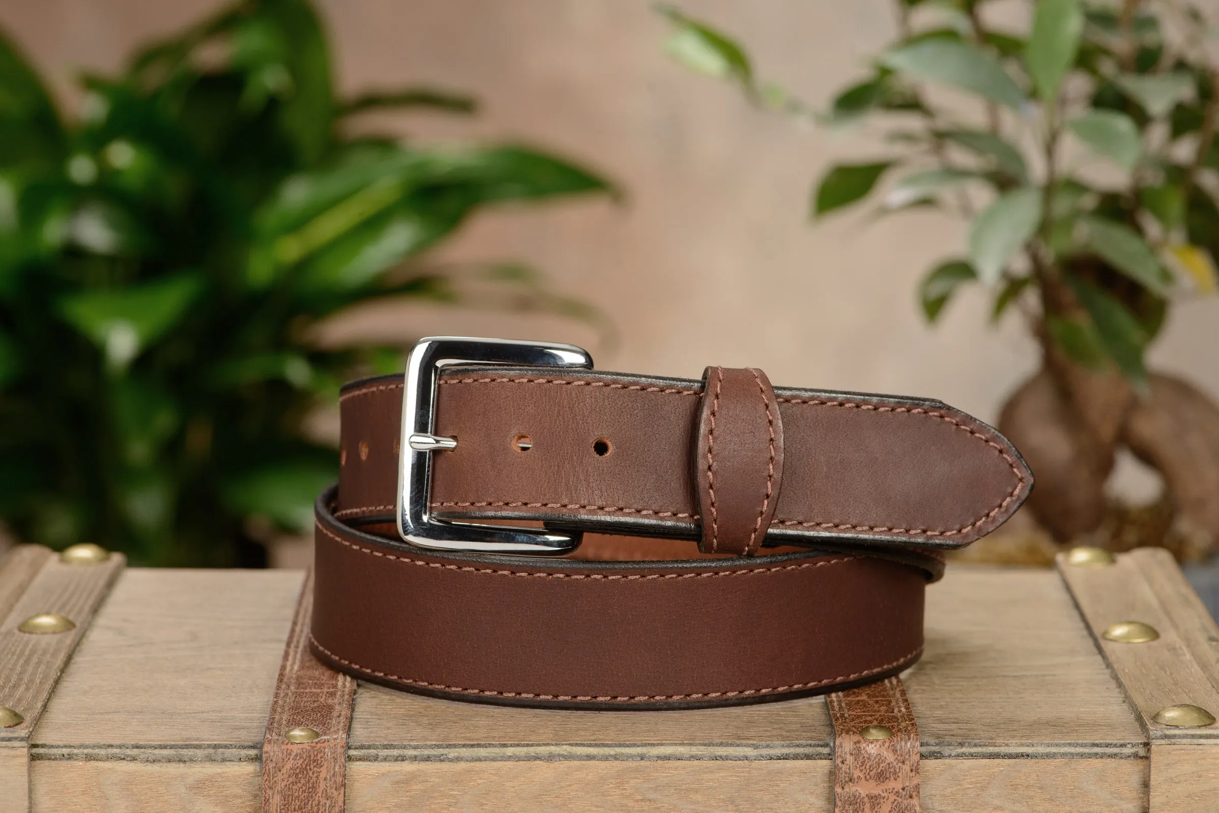 The Lakota: Brown Stitched Water Buffalo Leather Belt With Snaps 1.50"