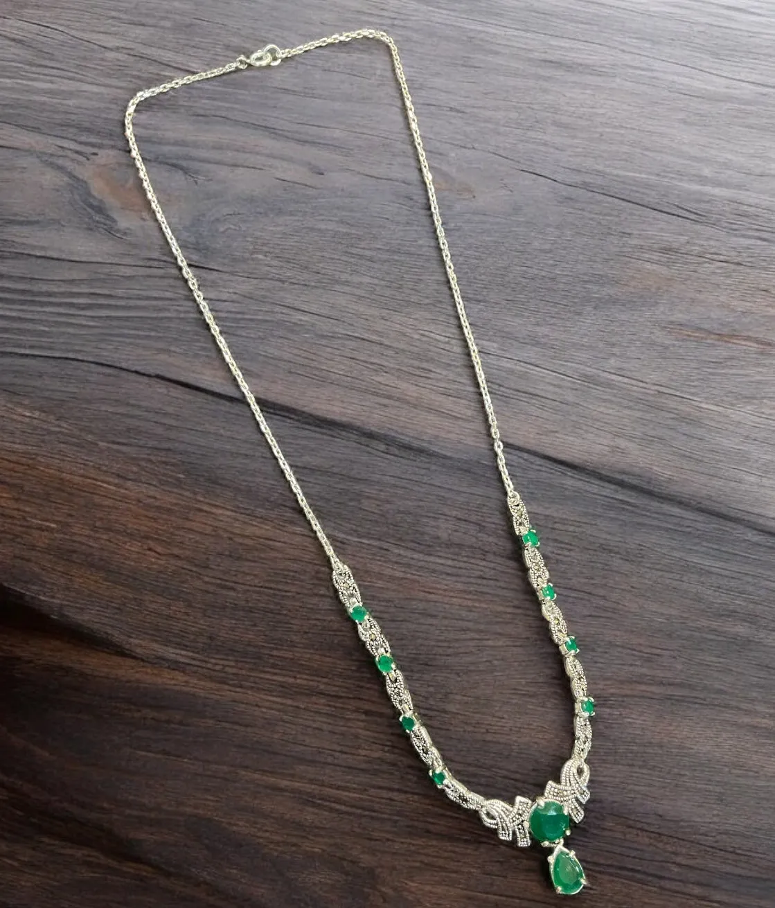 The Regal Green Silver Marcasite Necklace