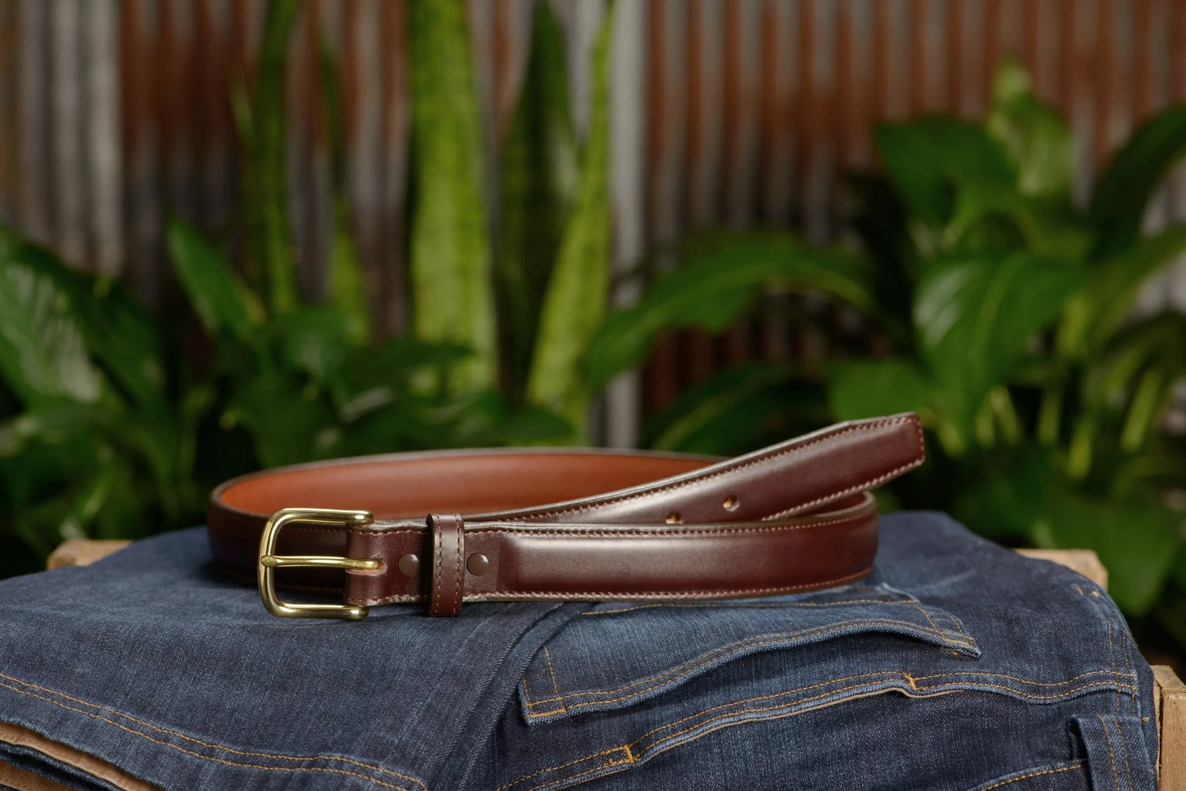 The Stallion: Men's Chocolate Brown Stitched Italian Leather With Steel Core And Brass Buckle 1.25"
