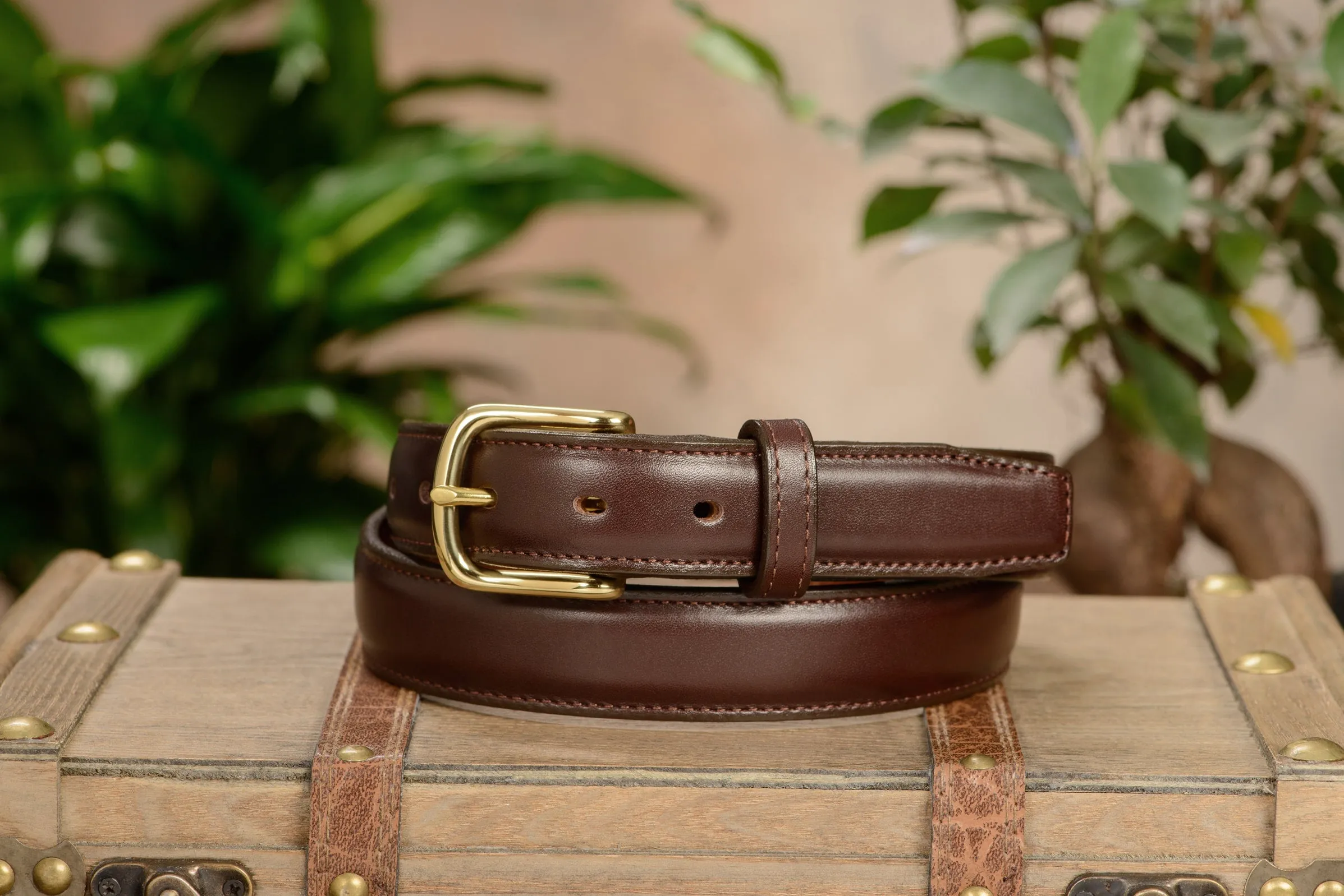 The Stallion: Men's Chocolate Brown Stitched Italian Leather With Steel Core And Brass Buckle 1.25"
