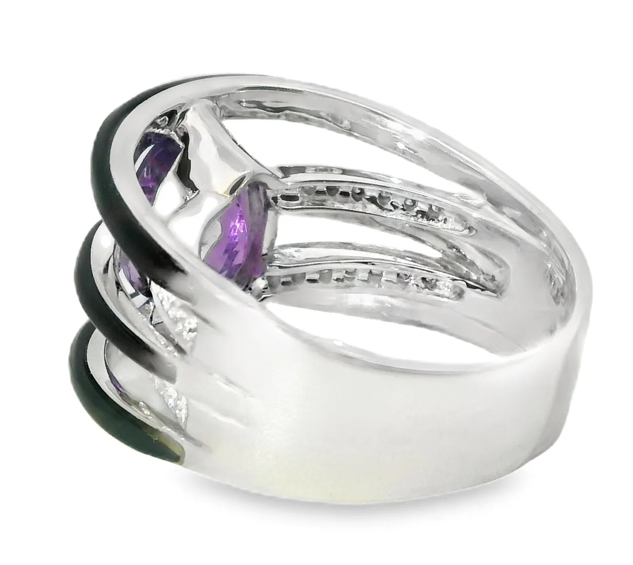 Unique 14K White Gold Diamond Amethyst Onyx Band Ring