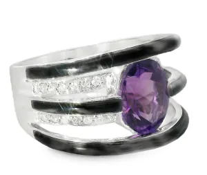 Unique 14K White Gold Diamond Amethyst Onyx Band Ring