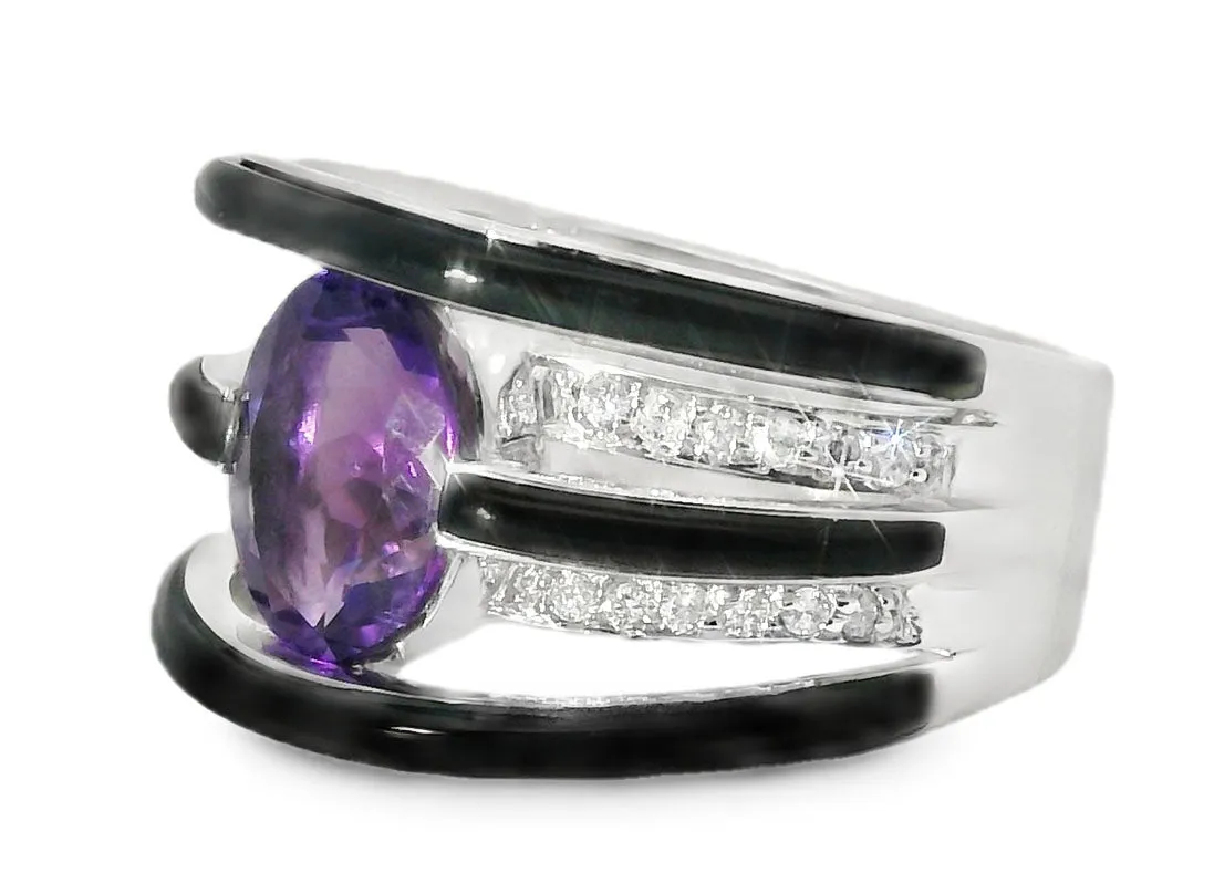 Unique 14K White Gold Diamond Amethyst Onyx Band Ring