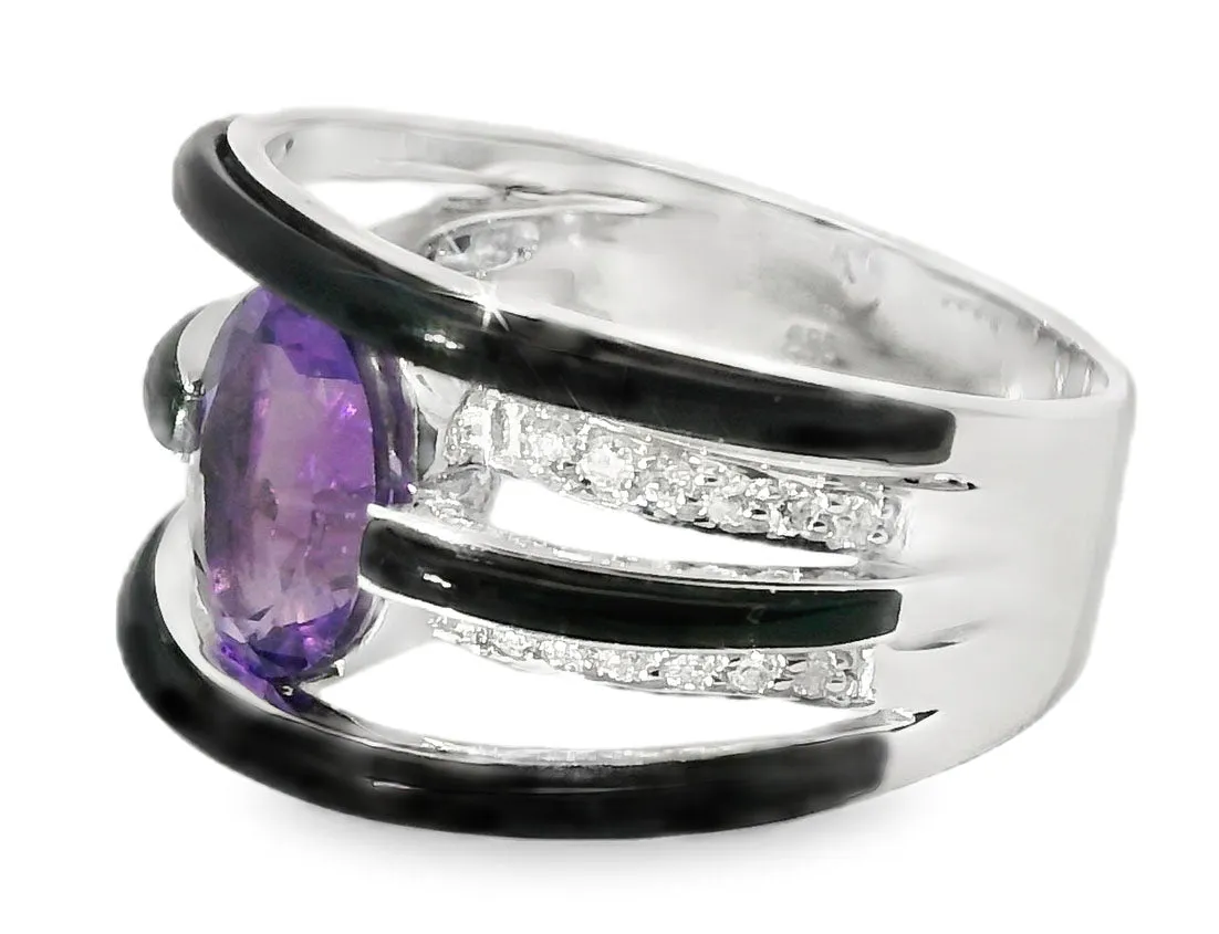 Unique 14K White Gold Diamond Amethyst Onyx Band Ring