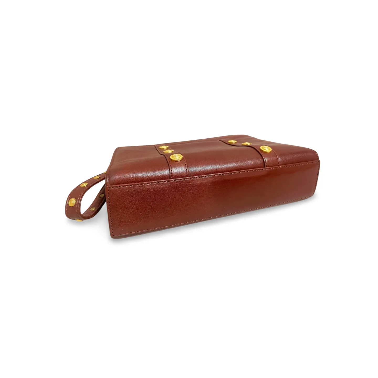 Vintage Gianni Versace brown leather wristlet, purse clutch, case bag with its iconic golden sunburst charms. Unisex bag. 061027y1