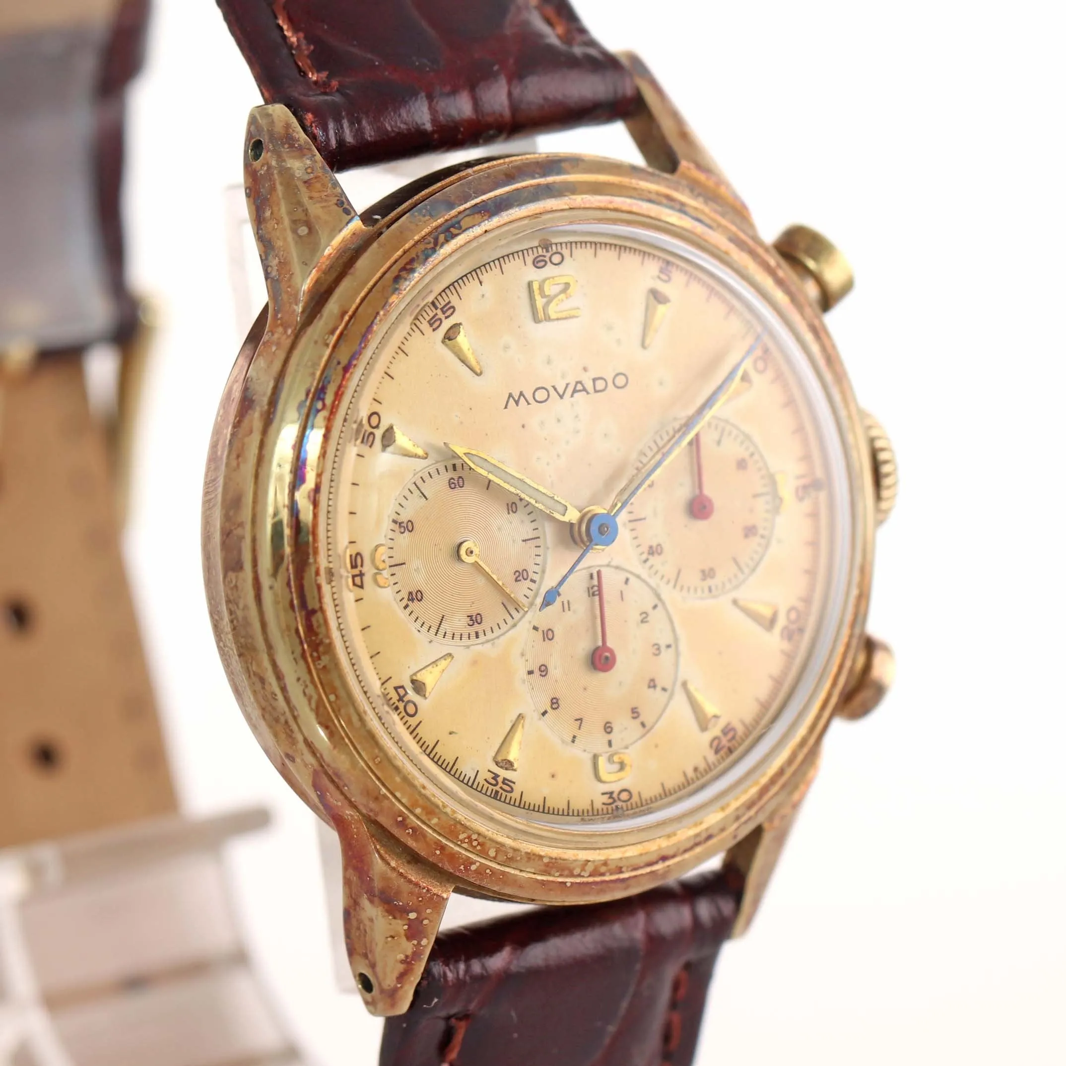 Vintage Movado 95M Solid 18k Yellow Gold Manual 35mm Patina Chronograph Watch