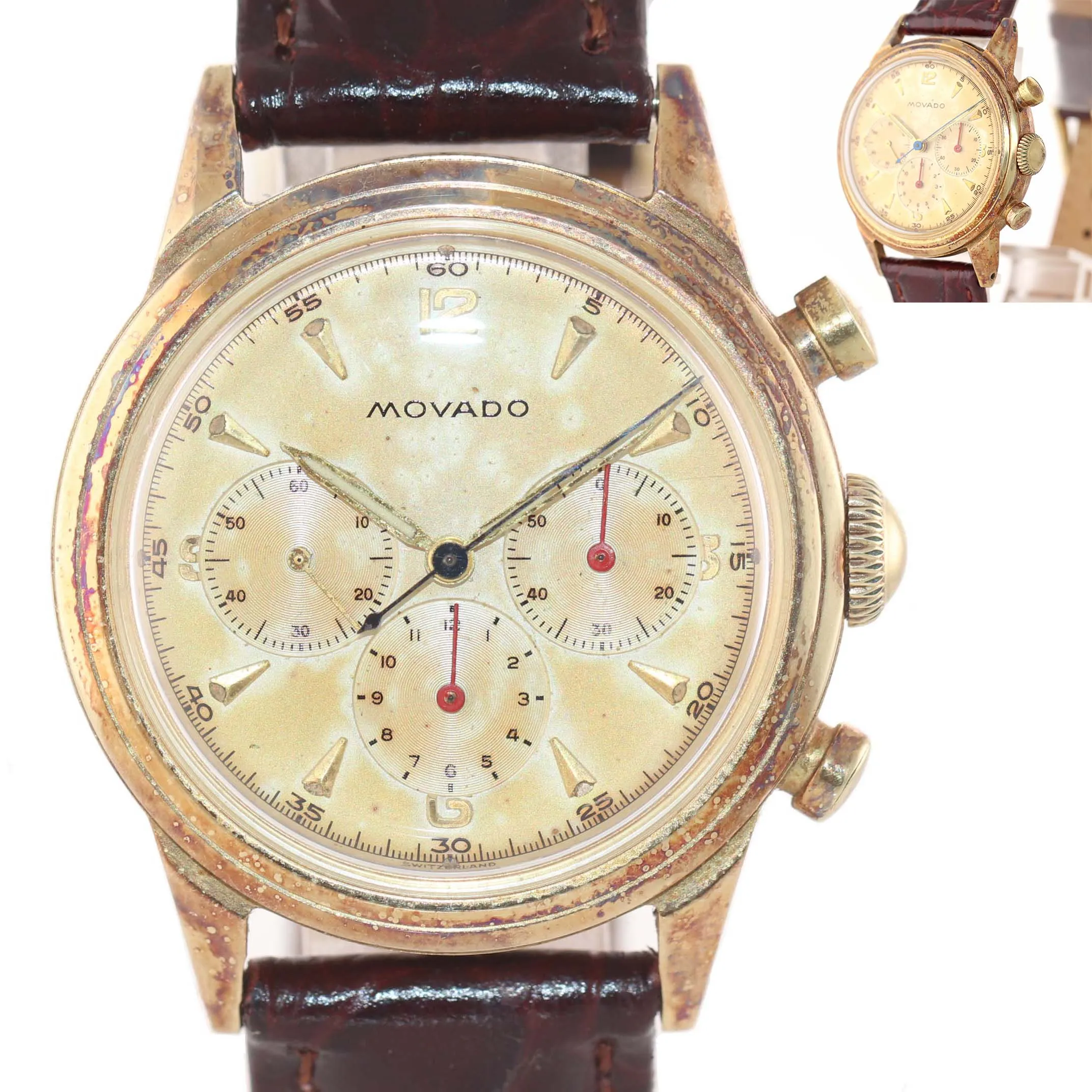 Vintage Movado 95M Solid 18k Yellow Gold Manual 35mm Patina Chronograph Watch