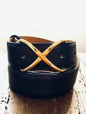 W. Kleinberg Black Calf Belt with Gold "X" Buckle