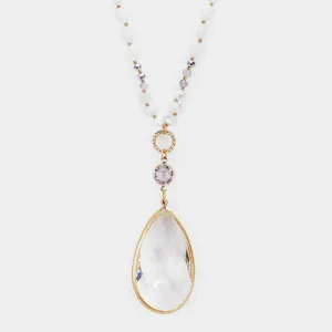 White Multi Beaded Teardrop Stone Pendant Long Necklace