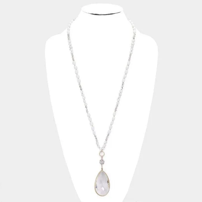White Multi Beaded Teardrop Stone Pendant Long Necklace