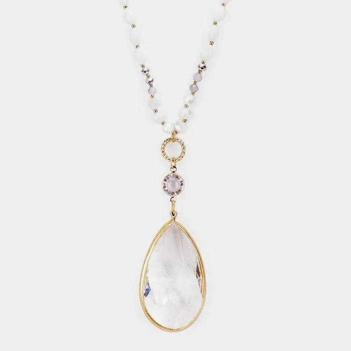 White Multi Beaded Teardrop Stone Pendant Long Necklace