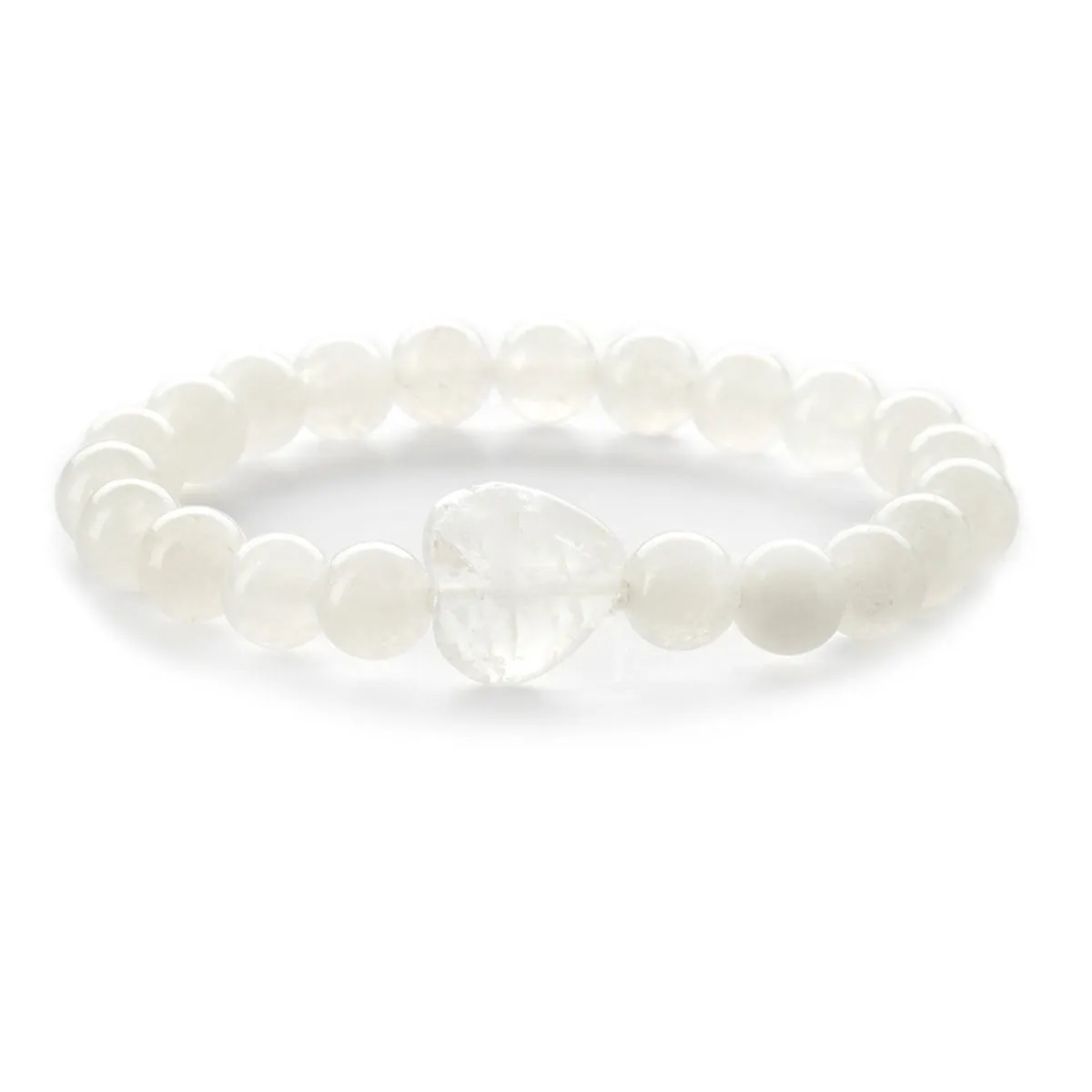 White Quartz Heart Charm Beaded Stretch Bracelet