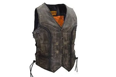 WOMEN'S MOTORCYCLE DISTRESSED/BRN CLASSIC BRAIDED BIKER VEST WITH LACES