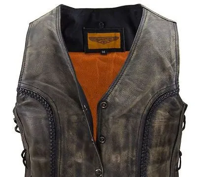 WOMEN'S MOTORCYCLE DISTRESSED/BRN CLASSIC BRAIDED BIKER VEST WITH LACES