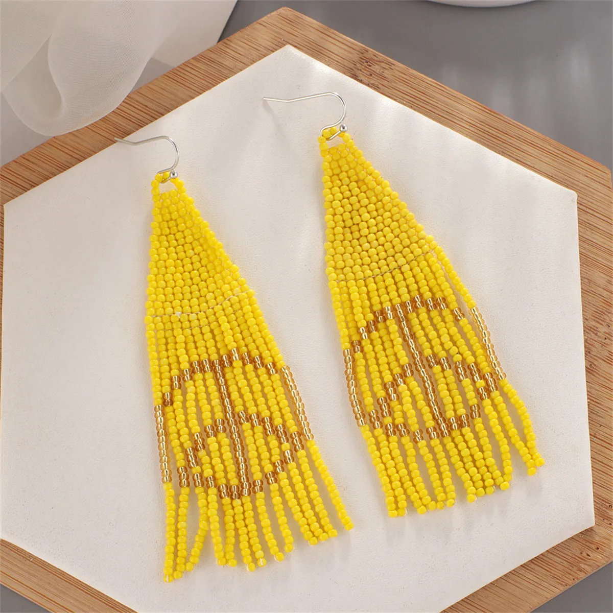 Yellow & Champagne Peace Sign Beaded Drop Earrings