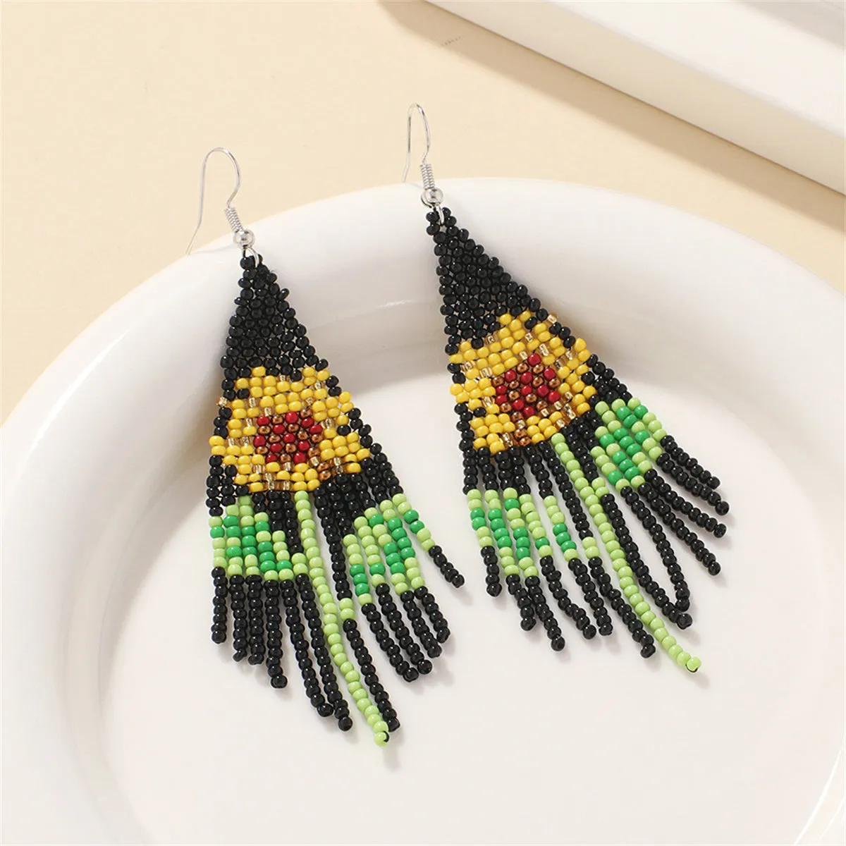Yellow & Green Sunflower Beaded Drop Earrings