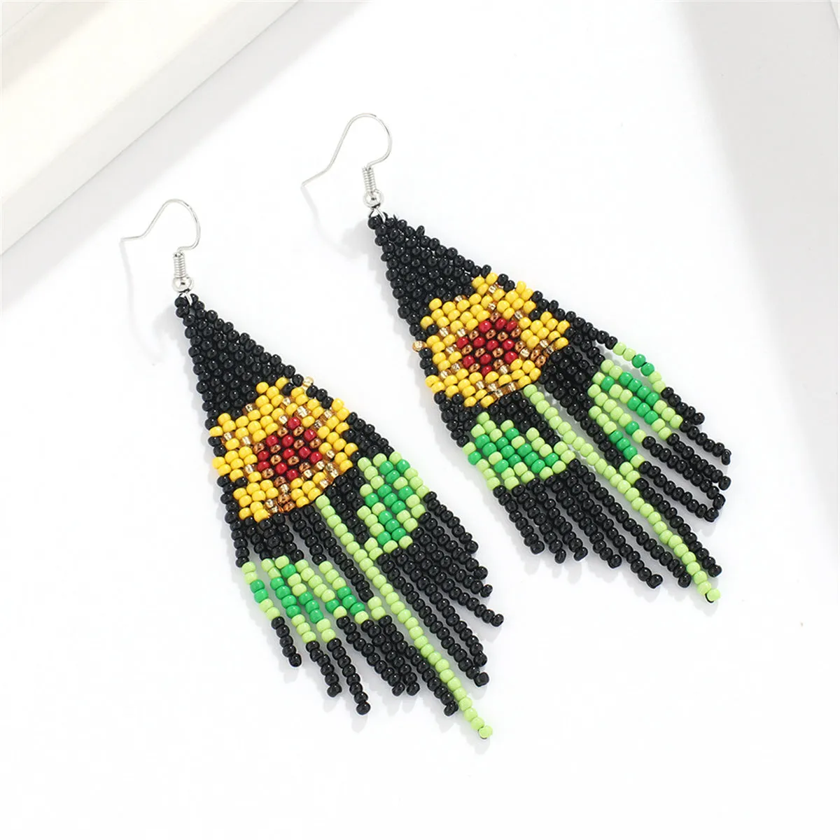 Yellow & Green Sunflower Beaded Drop Earrings
