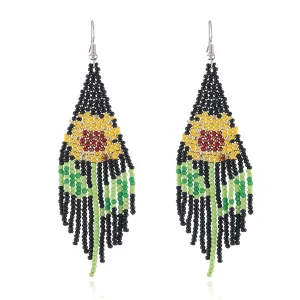 Yellow & Green Sunflower Beaded Drop Earrings