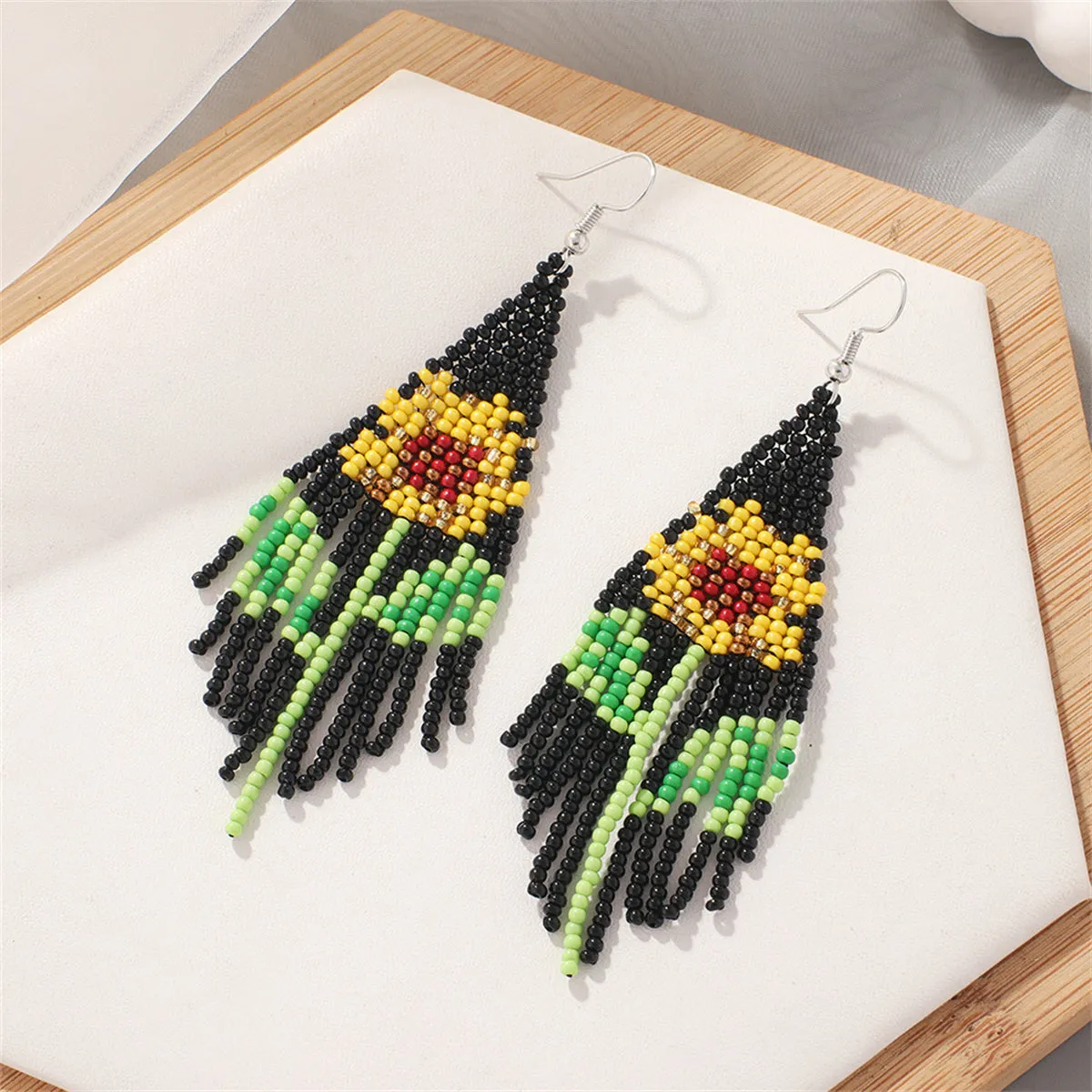 Yellow & Green Sunflower Beaded Drop Earrings