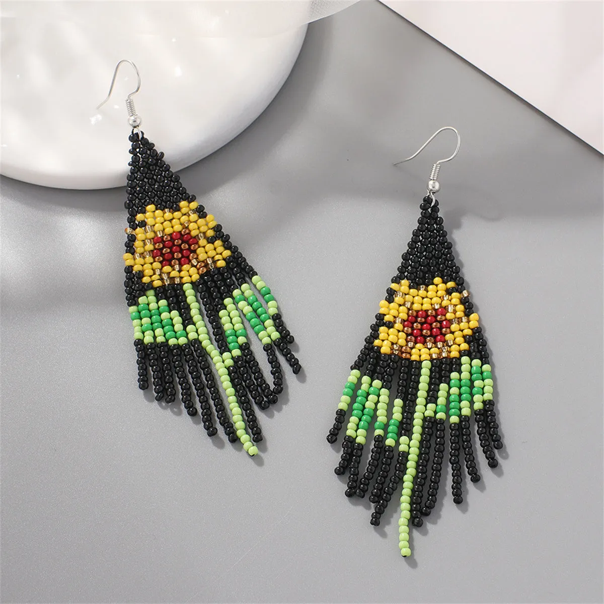Yellow & Green Sunflower Beaded Drop Earrings
