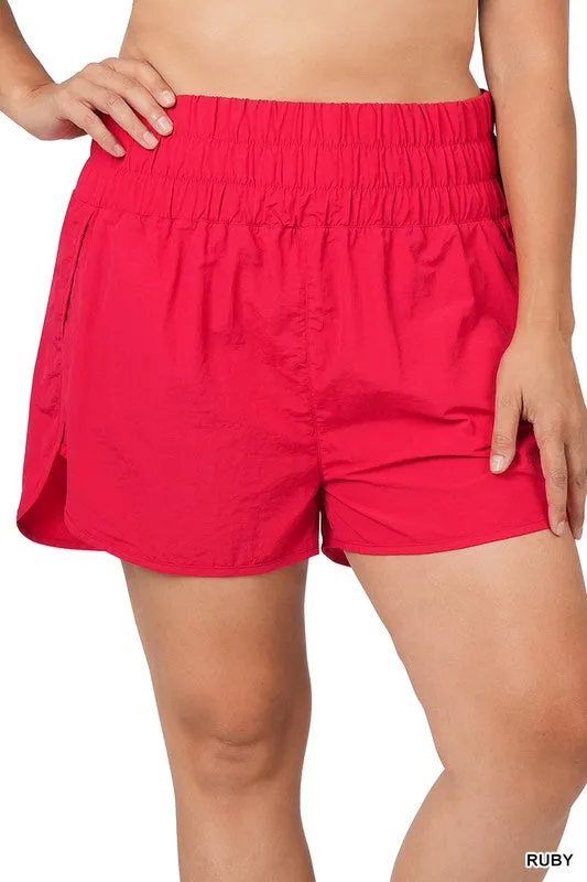 ZENANA Plus Windbreaker Smocked Waistband Running Shorts