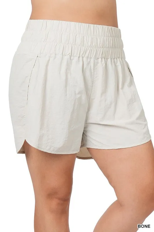 ZENANA Plus Windbreaker Smocked Waistband Running Shorts