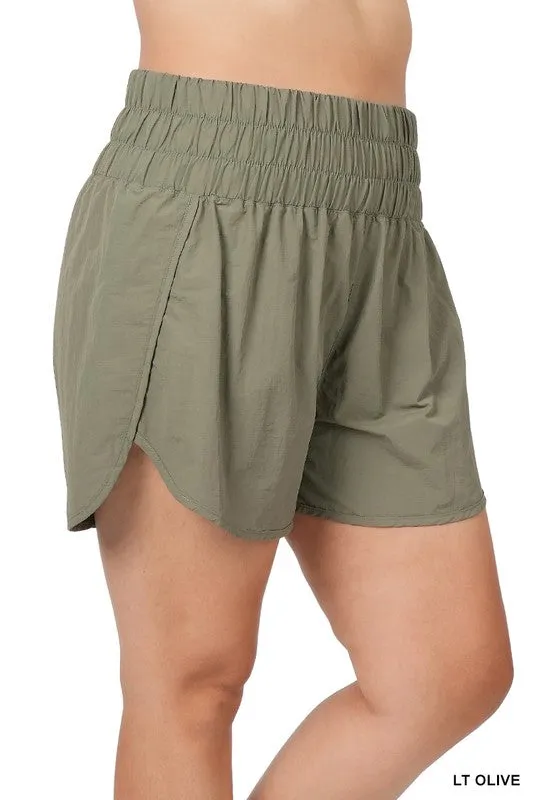 ZENANA Plus Windbreaker Smocked Waistband Running Shorts